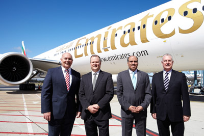 VIP welcome for Emirates in Adelaide: (left to right) Barry Brown, Emirates Vice President Australasia; Mark Young, Managing Director of Adelaide Airport; Salem Obaidalla, Emirates? Senior Vice President, Commercial Operations Far East & Australasia and The Honourable John Rau MP, Deputy Premier of South Australia.