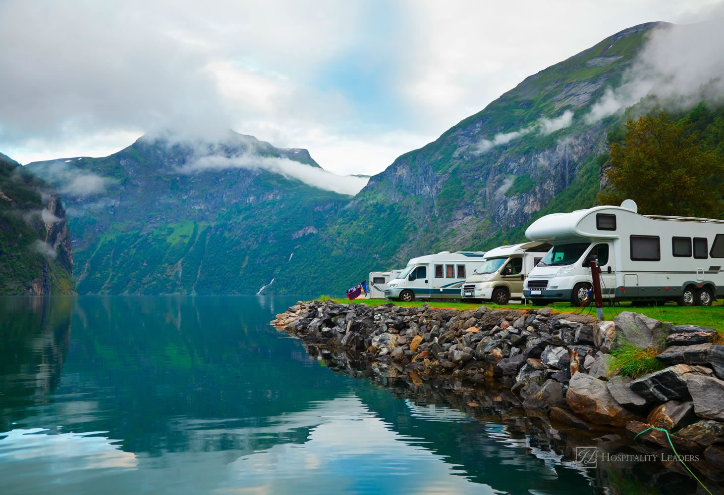 Motorhomes at campsite by the Geirangerfjord in Norway