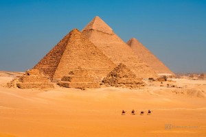 Hospitality News: A row of camels transport tourists in front of all of the Giza Pyramids in Cairo, Egypt