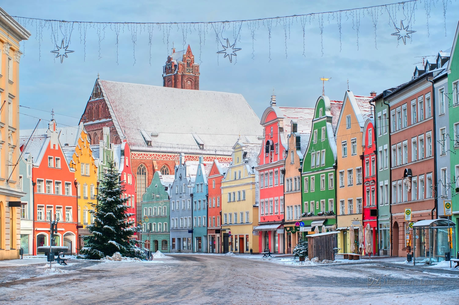 Colorful house line in old bavarian town near Munich in winter