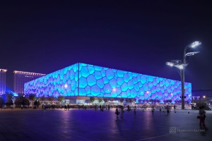 Hospitality News: Beijing - August 28. Beijing Water Cube at night time on August 28, 2011. It hosted Olympic swimming and diving events. Its capacity was 17.000m2 and is reduced to 6.000 after the Olympics