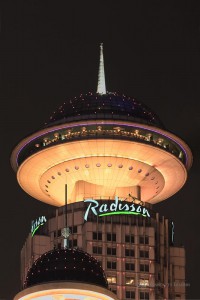 Hospitality News: Shanghai - Aug. 30, 2009. Top of the Radisson Hotel in Shanghai on Aug. 30, 2009. It is a 5-star luxury hotel in Shanghai. The dome on top is 280 meter high and houses a restaurant and sky bar