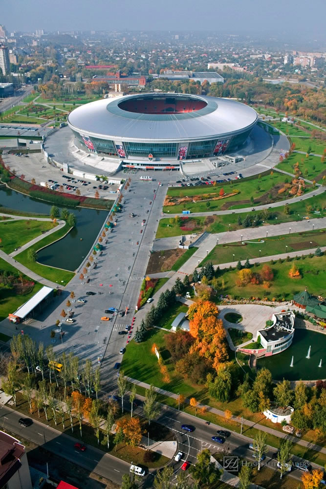 Donetsk, Ukraine - October 11 - "DONBAS ARENA" soccer stadium in Donetsk by aerial view. The stadium will host matches of UEFA Euro 2012. Donetsk, October 11, 2011