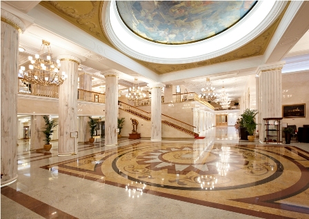 The lobby at the Radisson Royal in Moscow, one of the world's leading hotels for business travelers. Russia is the top market for luxury hotels in the BRICs.