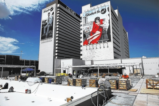 A construction worker works in the pool area at the Downtown Grand in Las Vegas Thursday, Aug. 29, 2013. (John Locher/Las Vegas Review-Journal)